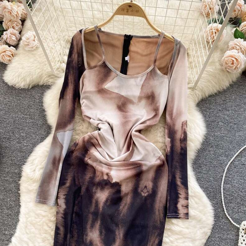 Spring and Autumn New Design Feeling Irregular Halo Dyeing Pure Desire Style Round Neck Slim Fit Womens Dress Temperament Short Oversize Dress BOHO DR