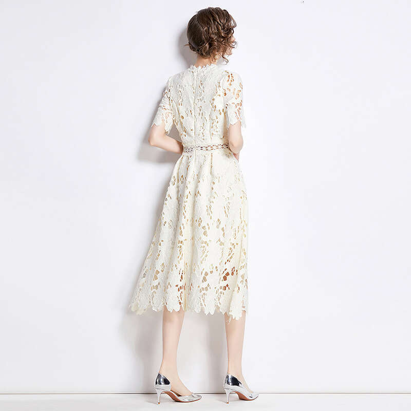 Fashionable and Luxurious Socialite Temperament Short Sleeved Round Neck Waist Slimming Mid Length A-line Hollow Water-soluble Lace Dress Novelty BOHO