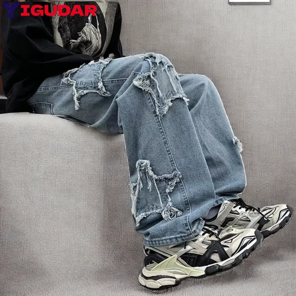 New Fashion Stars Towel Embroidery Baggy Men Pants Y2K Clothes Straight Hip Hop Cotton Trousers Pantalon Man Jeans