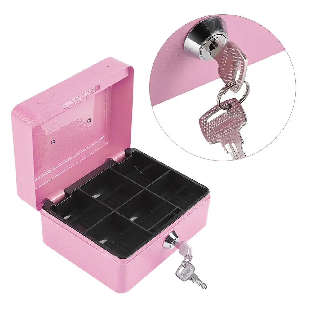 Roze Veilig Spaarpot Cash Register Insert Lade Kassier Lade Opslag Mini Draagbare Stalen Afsluitbare Cash Kluis Beveiliging Box 240715