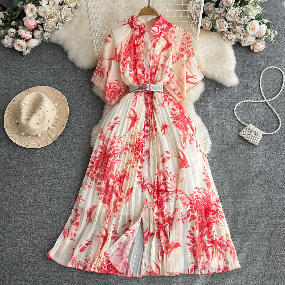 Light Mature Style, Short Sleeved Lapel with Waistband Slimming Effect, Single Breasted Printed Pleated Shirt Dress for Summer Loose Short Oversize Dr