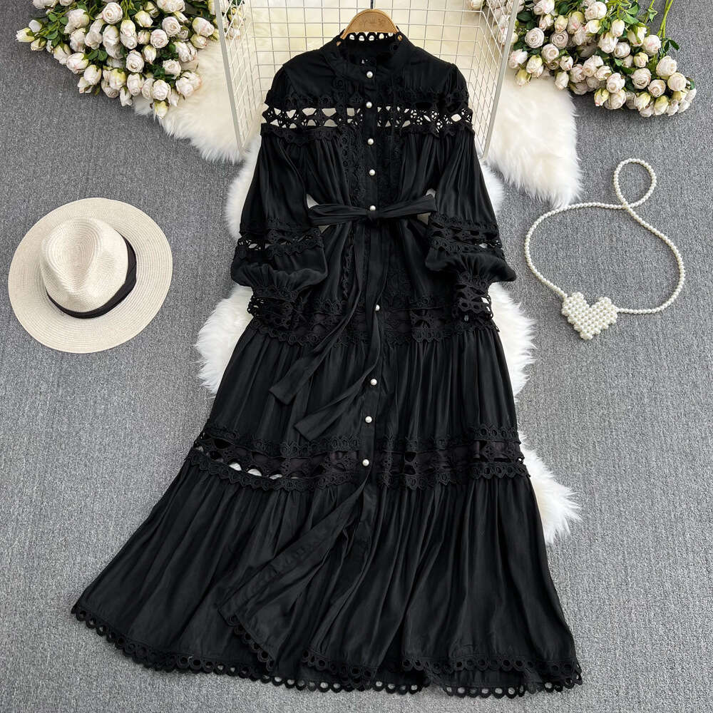 Palace Style Lantern Long Sleeved Stand Up Collar with Waistband Hollowed Out Single Breasted Elegant Dress Waist Self-cultivation Short Loose BOHO DR