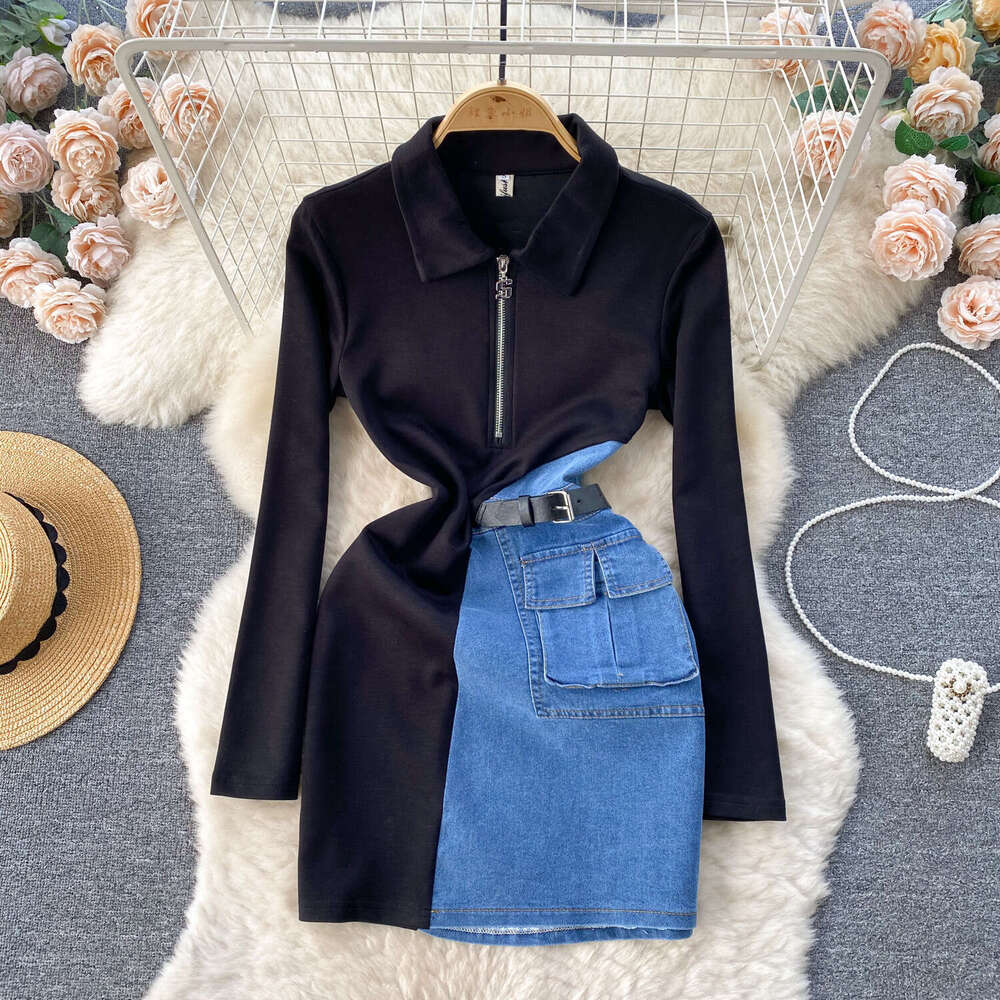 2024 Spring Womens Fashion Design Sensation Contrast Color Splicing, Small and Slim Fit Short Denim Wrap Hip Skirt Dress Temperament Loose BOHO DRESS