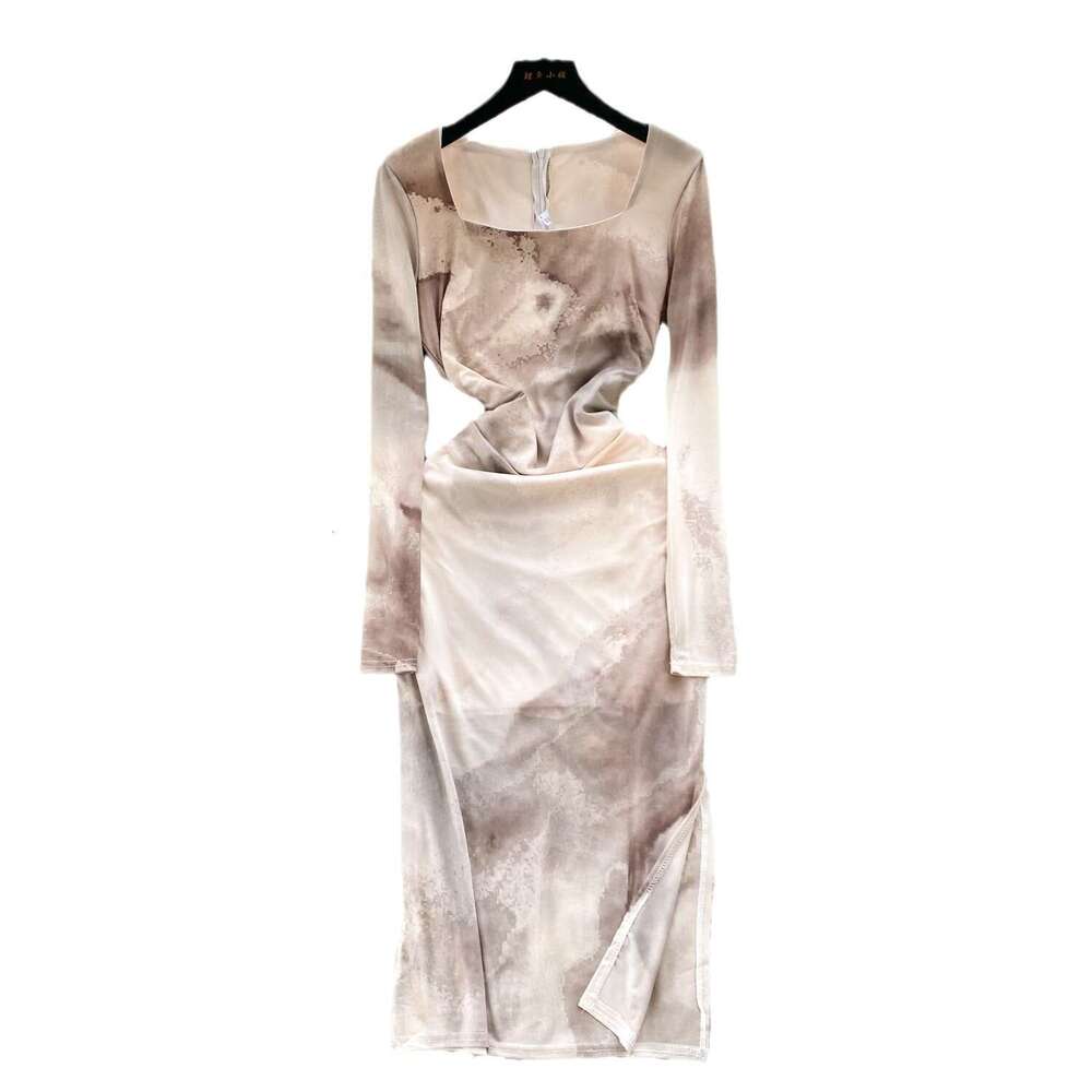 New Spring Style Square Neck Slim Fit Mid Length Knee Skirt Small and Irregular Halo Dyed Long Sleeve Dress Sexy Temperament Denim Dress