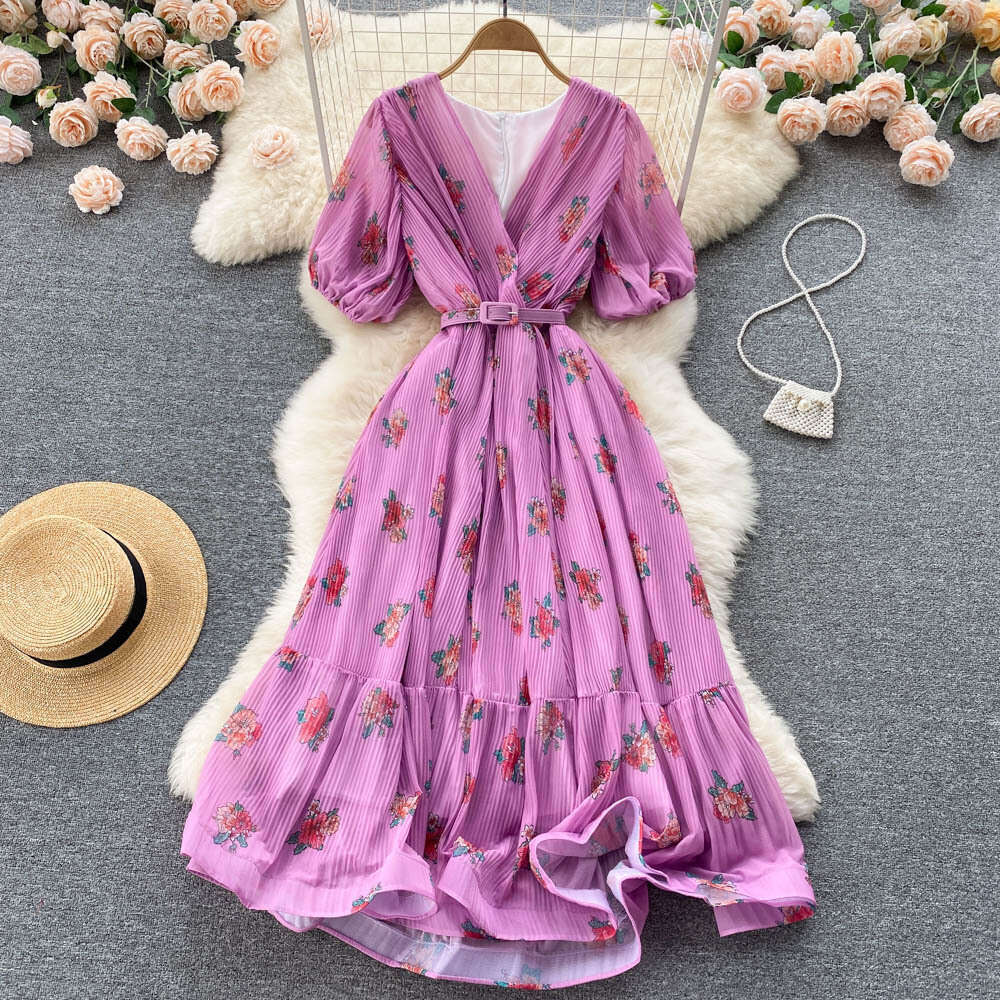 2022 Summer Literary and Ethnic Style Elegance Fragmented Flower Chiffon Dress Womens Waistband Slim A-line Long Skirt Bifurcated Waist Short Sexy Den