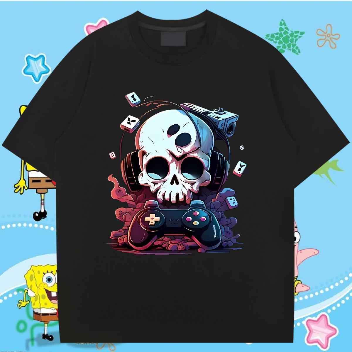 High Quality Men Clothes T-Shirt Skeleton 100% Cotton 230g Short Sleeve Cotton O-Neck Anime Printing Street Men T Shirts Cartoon Print Fashion Design 