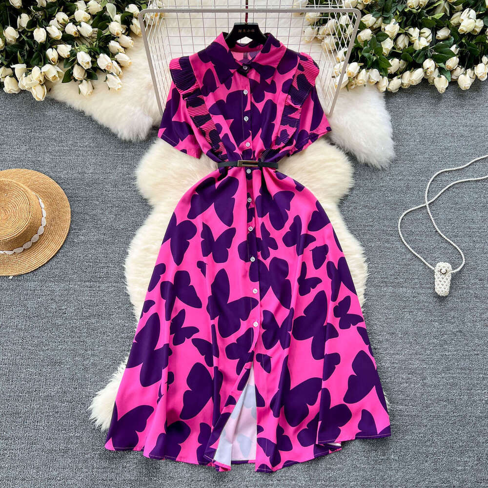 Light Mature Style, Niche Womens Clothing, Dress, Summer New Design, Wooden Ear Edge, Waist Cinching Print, Elegant Long Skirt Sexy Short Oversize Dre
