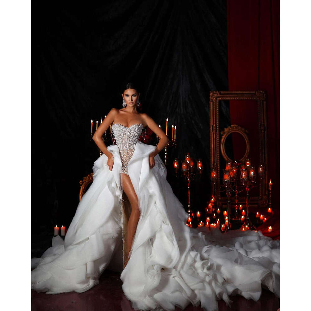 Urious Pearls Wedding Dresses Beaded Side Split Bridal Gowns Custom Made Sweetheart Detachable Train Ruffles Vestido De Novia 0227Lz