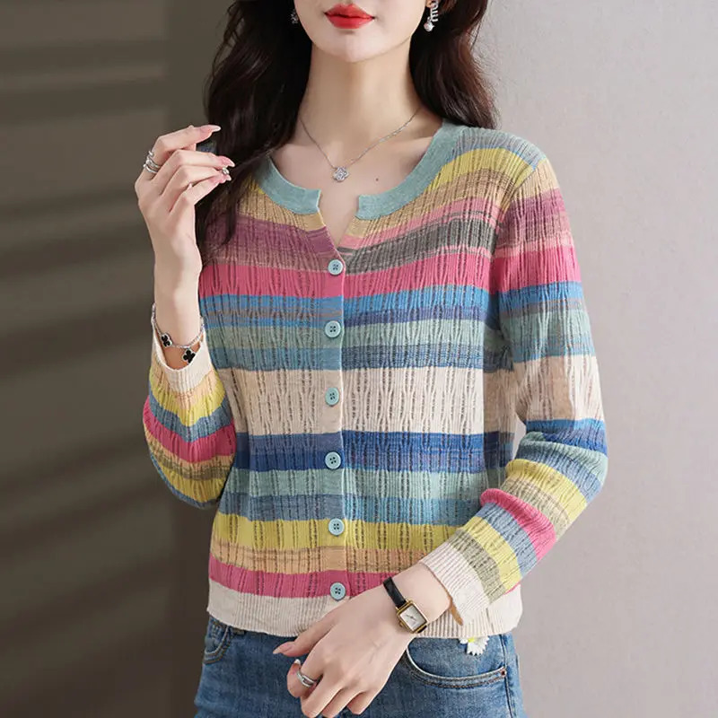 Fashion Women Clothing Colorful Striped Cardigan Sweater Spring Autumn Korean Versatile Casual Long Sleeve Knitted Coats 240712
