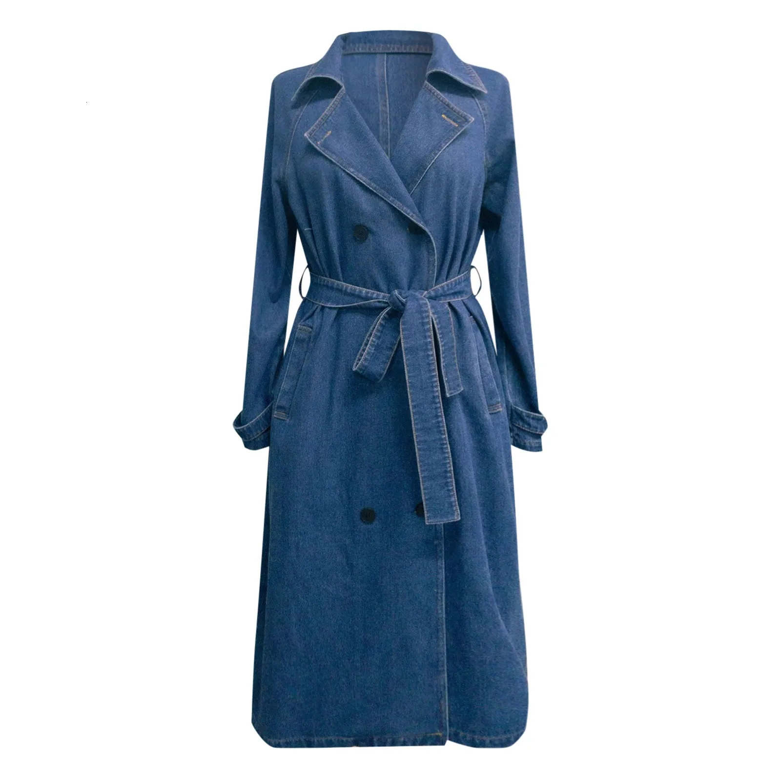 WomenS Vintage Long Jean Jacket Temperament Loose Fit Double Breasted Denim Lapel Trench Coat With Belt Woman Clothing 240715