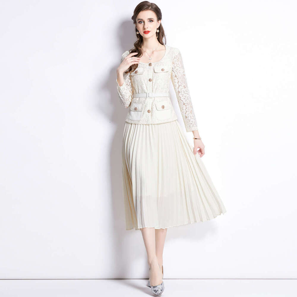 French Small Fragrant Style for Women with A High-end Feel. Heavy Work Nail Bead Metal Buckle Square Neck Lace Patchwork Pleated Fairy Dress Silk Dres
