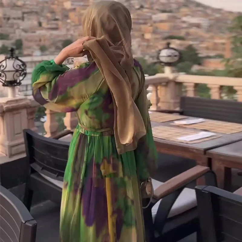Modest Dubai Abaya Islam Ramadan Robe Femme Kaftan Formal Evening Maxi Dresses Muslim Fashion Women Chiffon Print Long Dress 240712