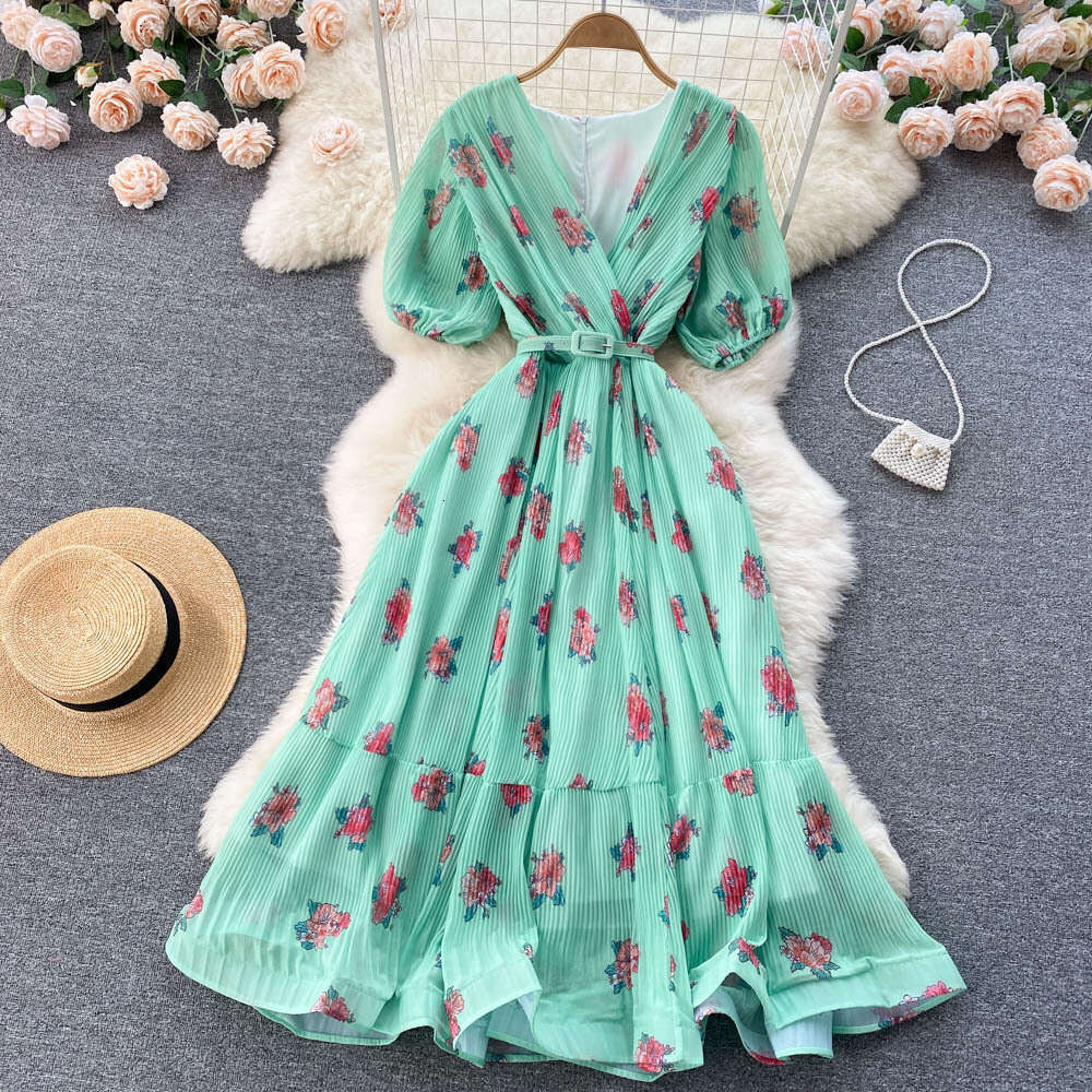 2022 Summer Literary and Ethnic Style Elegance Fragmented Flower Chiffon Dress Womens Waistband Slim A-line Long Skirt Bifurcated Waist Short Sexy Den