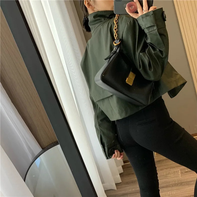 RARF autumn womens fashion pocket double breasted waxed leather short trench coat womens top coat 240716