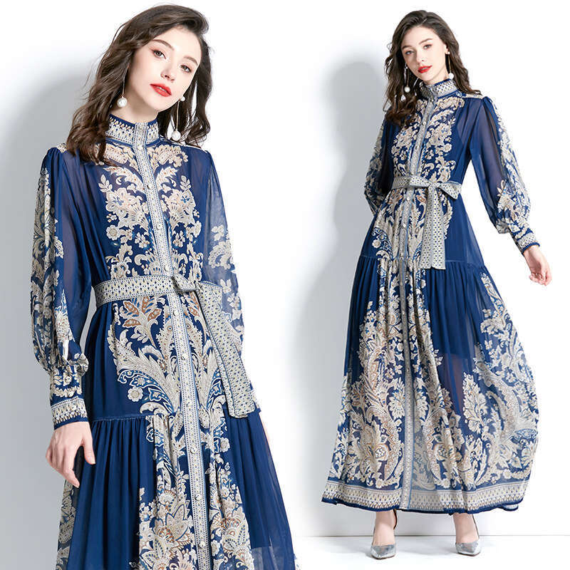 2023 Spring Long Sleeved Vacation Style Stand Up Neck Lantern Sleeves Wave Edge Printed Temperament Dress Sexy Dress Sexy Temperament Waist Oversize D