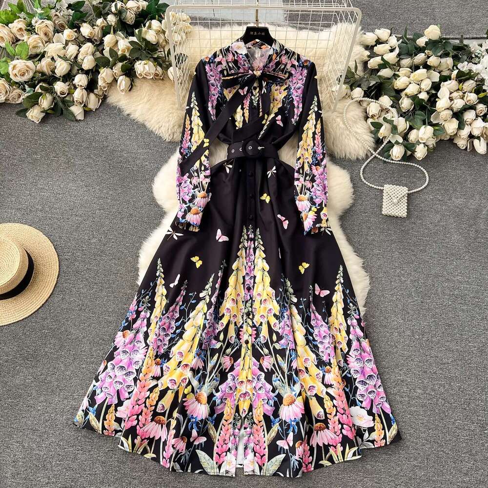 French Palace Style High End Celebrity Bow Neck Button Slim Fit Long Print Dress Long Summer Dress Short Novelty Temperament Loose Self-cultivation Si