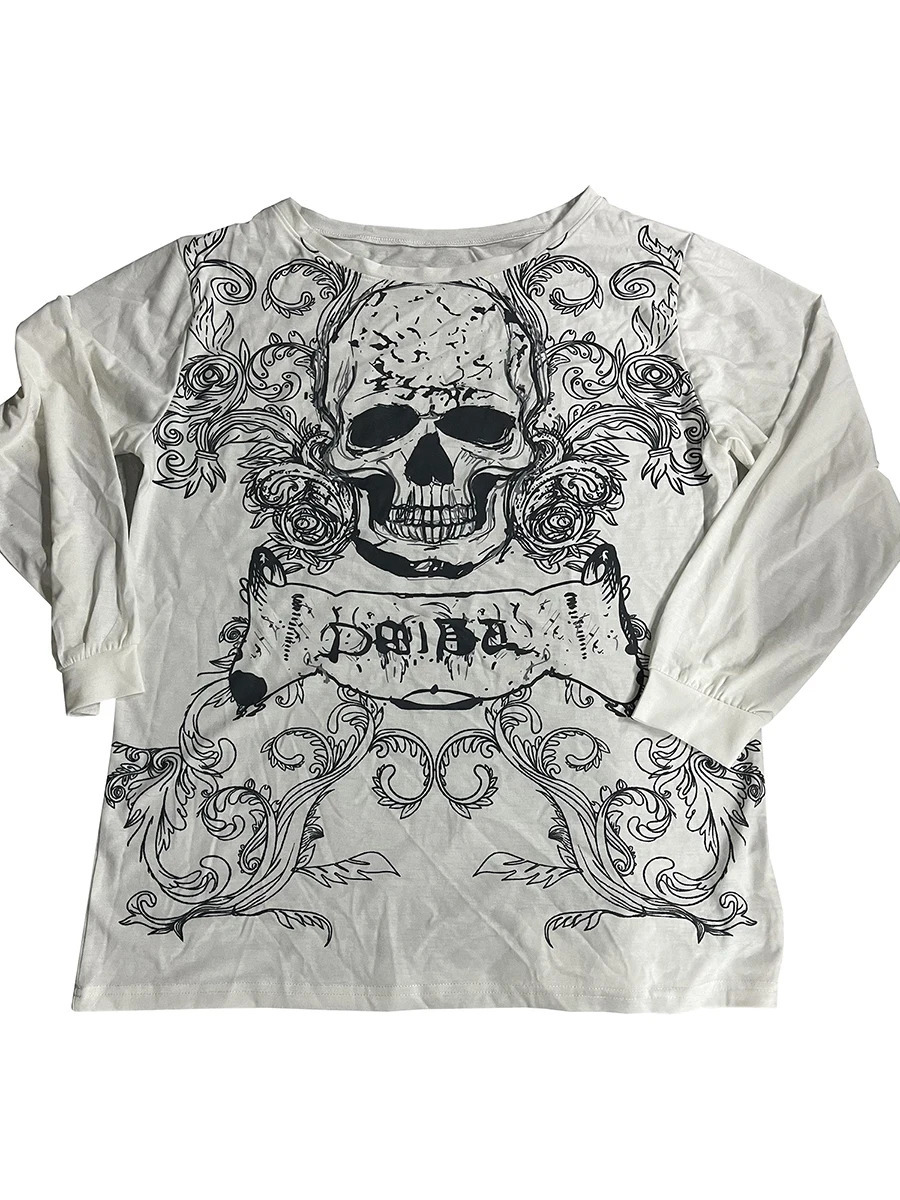 Halloween Womens Long Sleeve Off Shoulder Skull Print Pullover Punk Tops Y2K Grunge Fairy TShirt Street 240715