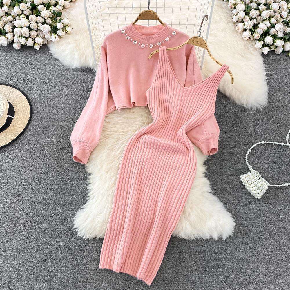Socialite Temperament Round Neck Nail Bead High Waist Short Exposed Belly Button Sweater Two-piece Set Spicy Girl Knitted Vest Dress Sexy Short High W