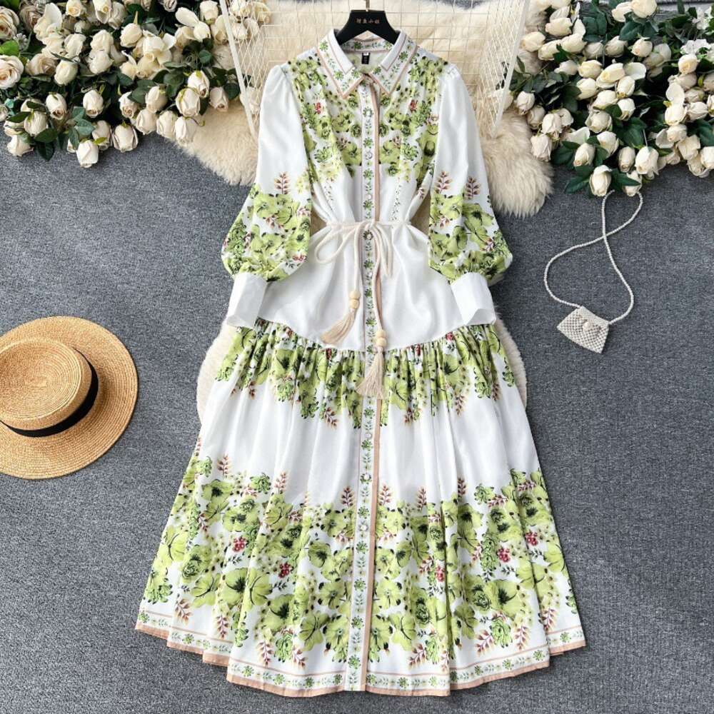 New French Style Lapel Lantern Sleeve Printed Dress Women with Tie Up Waist for Slimming and Elegant Dressing Long Summer Dress Short Bifurcated SKINN