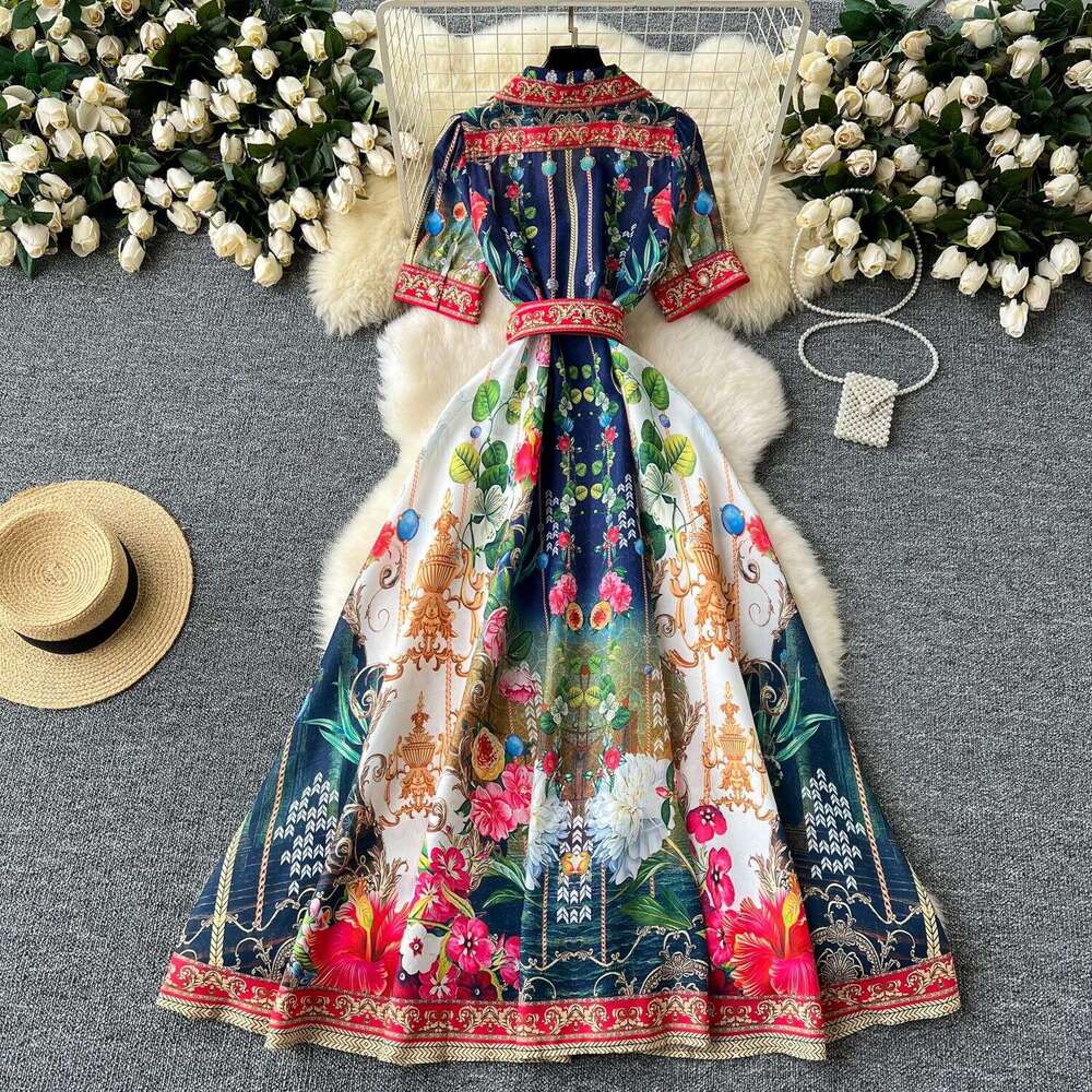 Fashion Ventilation 2024 Summer New Womens Shirt Collar Single Breasted Waist Wrap Print French Elegant Long Dress Floral Dress Waist Novelty Round Ne