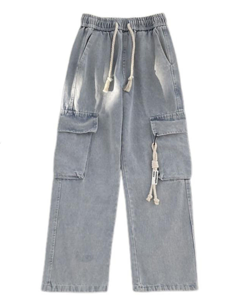 Cargo Jeans Men's Loose Straight-leg American Retro Trendy Drawstring Leisure High Street Wide Leg Pants Spring and Autumn