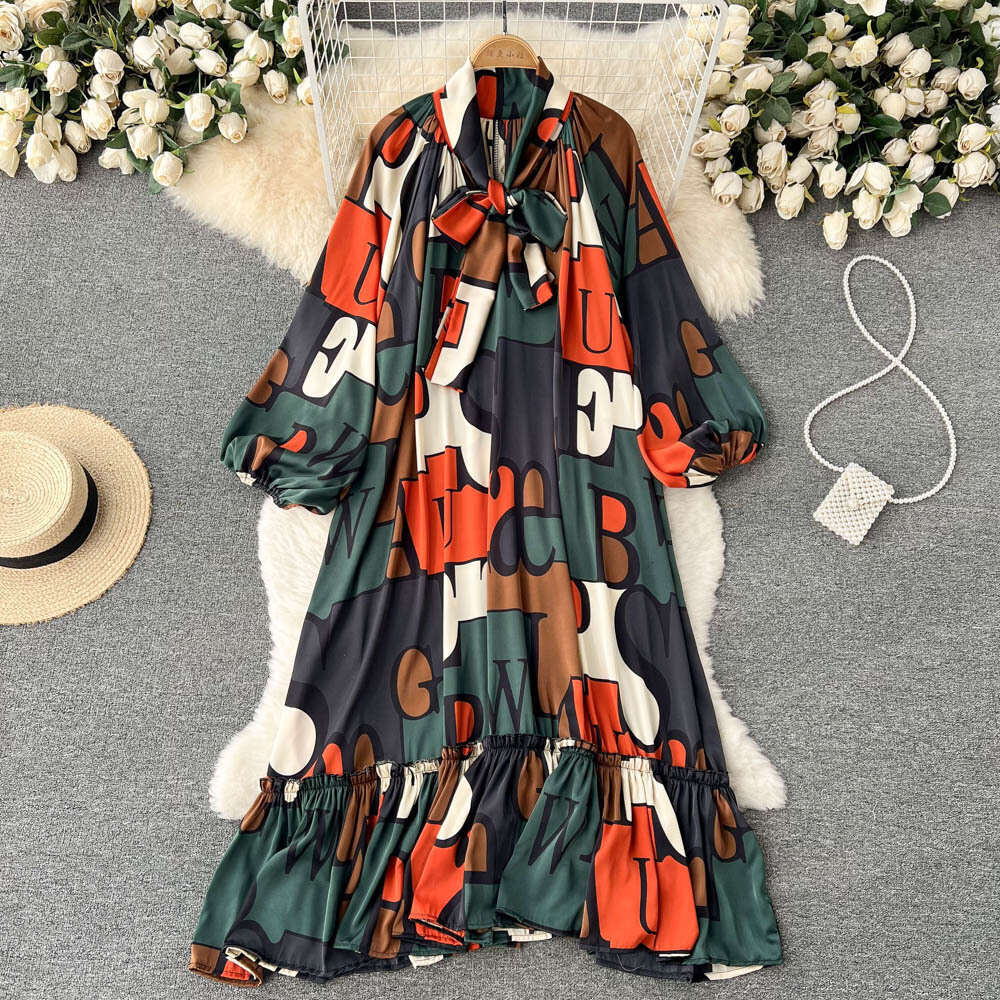 Personalized Print Design Sense, Niche Lantern Sleeves, High Neck Temperament, Heavy Industry Loose Fitting Dress, Knee Length Skirt Pregnant Womens D