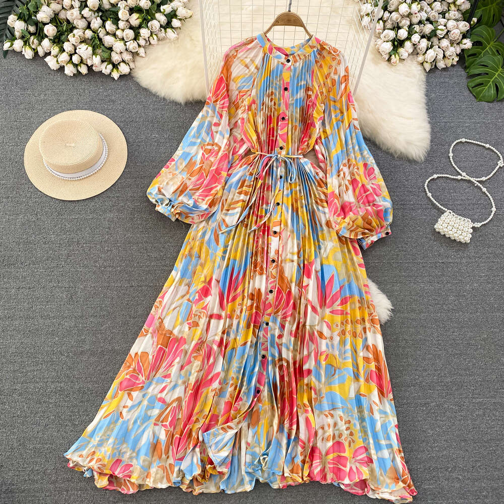 High End Light Luxury Temperament Lantern Sleeved Round Neck with Waistband for Slimming Effect, Single Breasted Printed Dress, Elegant Long Skirt
