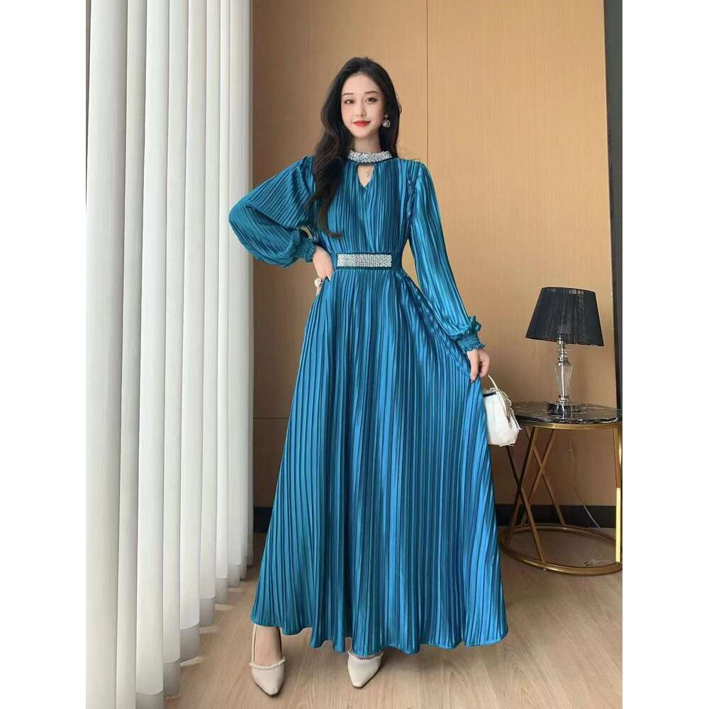 High End Luxury Socialite Round Necked Lantern Long Sleeved Waist Cinched Pleated Studded Bead Heavy Work High Show Slim Temperament Dress for Women L