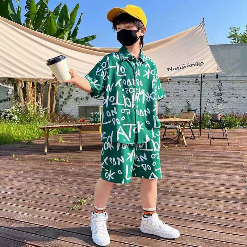 Clothing Sets Boys Clothing Set Summer New Childrens Printed Short sleeved Shirt Shorts 2-piece Set Teenage Boys Sports Set5-14