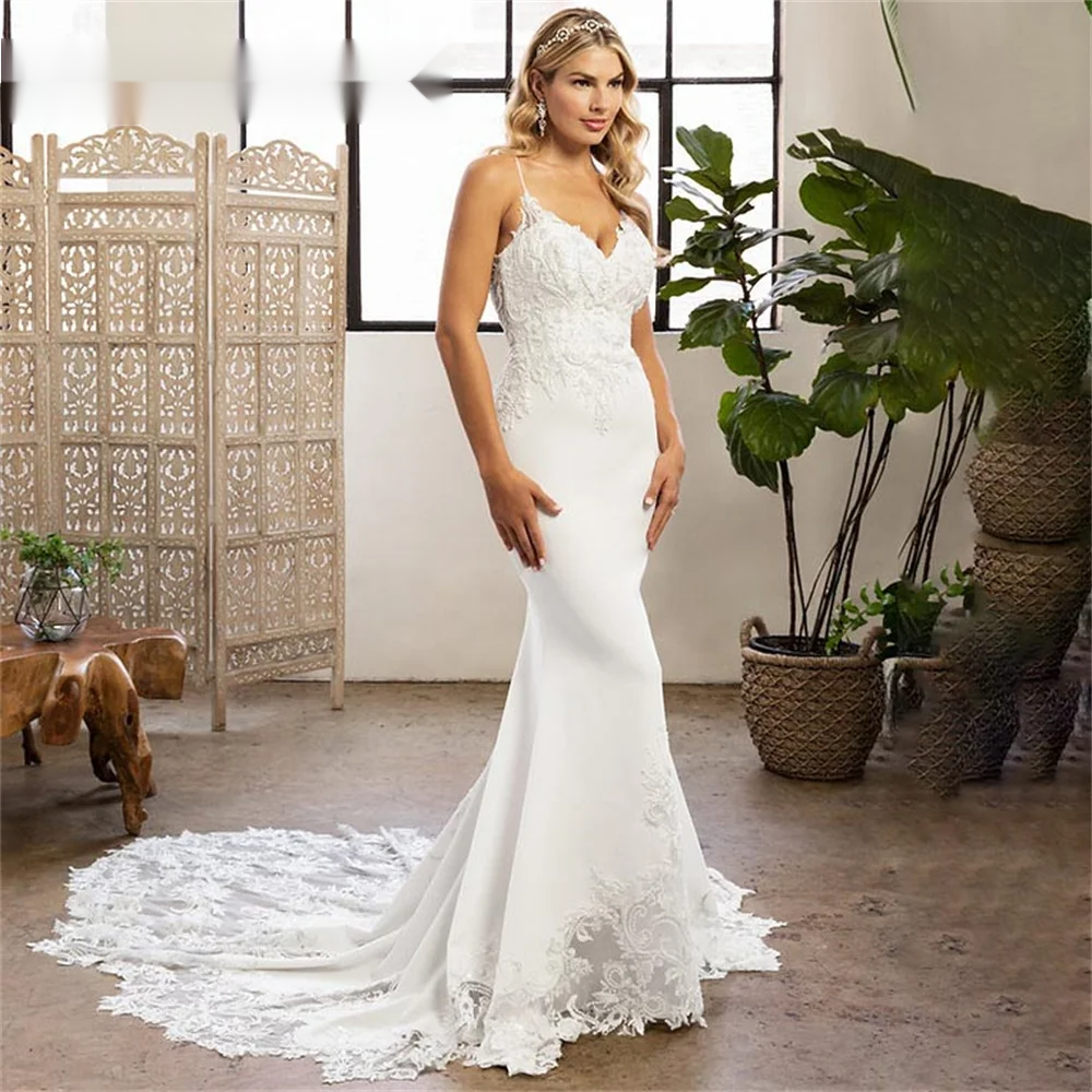 Sexy V-Neck Mermaid Wedding Dresses 2024 Lace Boho Sleeveless Bride Gowns Customized Pleats Illusion Back Vestido De Novia