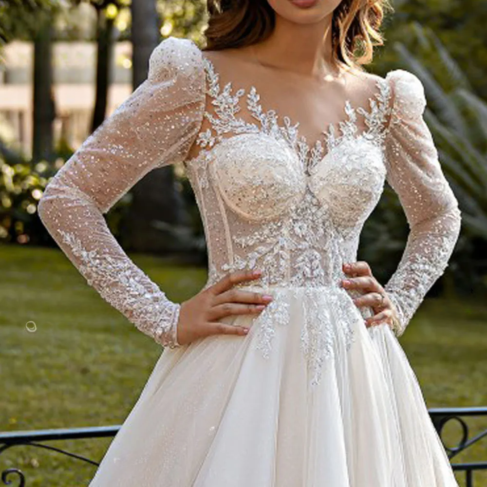 Sweetheart Shiny Wedding Dress 2024 Long Sleeve Beading A-e Court Train Princess Vestido De Novia SwanSarah Bride Gown