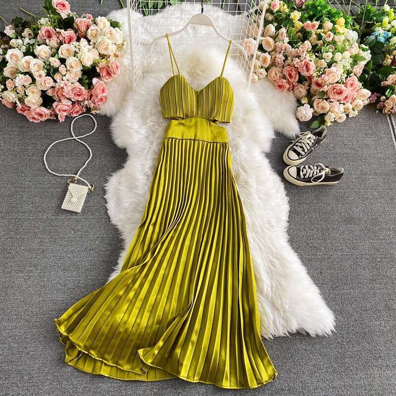 French Open Waisted Strapless Summer New Style, Elegant Socialite, High-end Pleated Camisole Long Dress, Formal Dress Self-cultivation Loose BOHO DRES