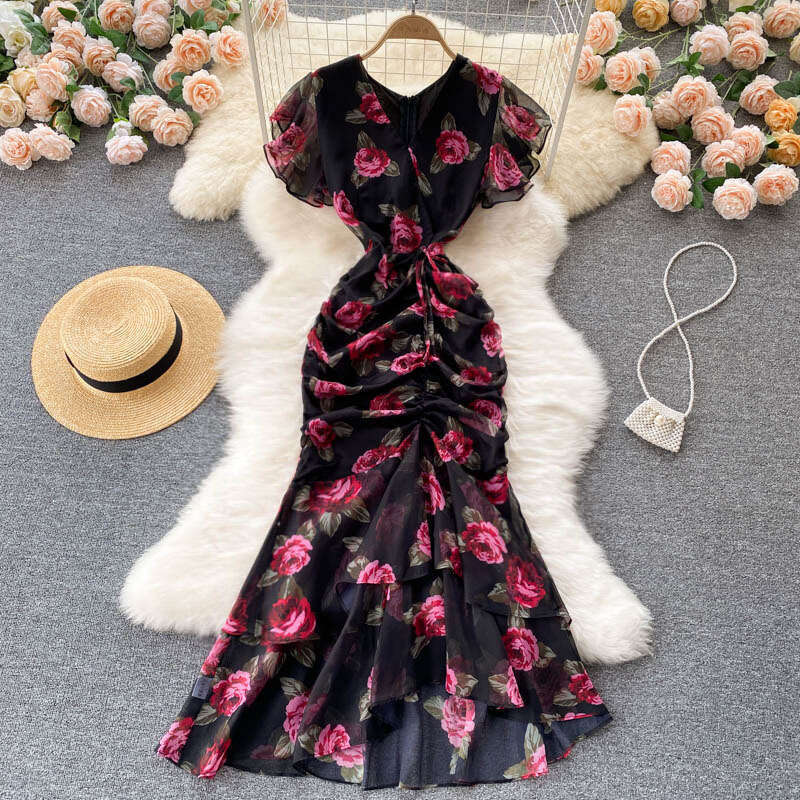 New Light Luxury Celebrity Chiffon Printed Elegant Ruffle Edge Fishtail Dress Womens Skirt Slimming Chiffon Floral Dress Sexy Dress Short Waist Silk D