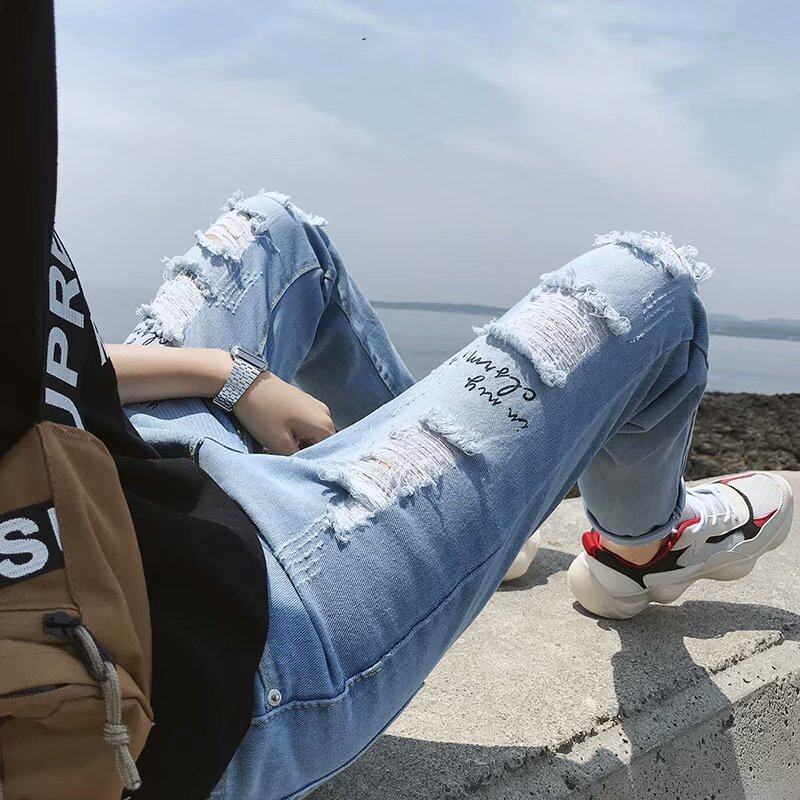Designer's new men's jeans, Korean slim straight leg pants, classic ripped jeans