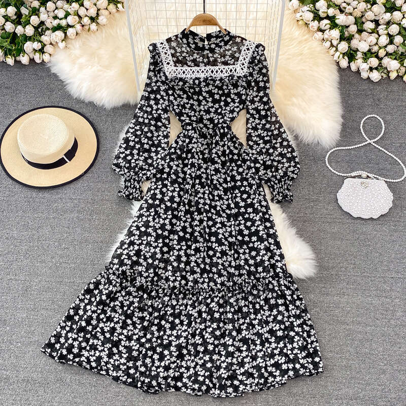 Spring and Autumn French Grand Swing Long Super Fairy Fragrant Flower Skirt Lantern Sleeve High Waist Look Skinny Lotus Leaf Edge Stand Up Collar Dres