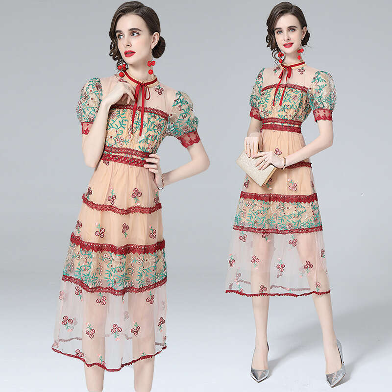 2023 Baroque Lace Up Round Neck Bubble Sleeve Mesh Perspective Heavy Industry Embroidered Dress Novelty Temperament Bifurcated Round Neck Dress BOHO D