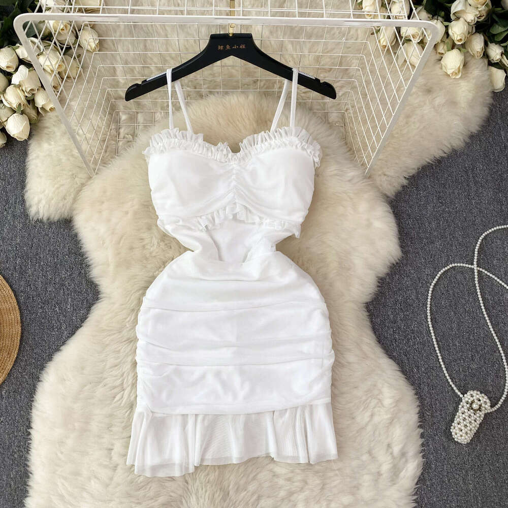 Wind Camisole Dress, Sexy and Feminine, Mesh Wrapped Buttocks Skirt, Pure Desire, Spicy Girl Slim Fit, Ruffled Edge Short Skirt Round Neck Dress Overs
