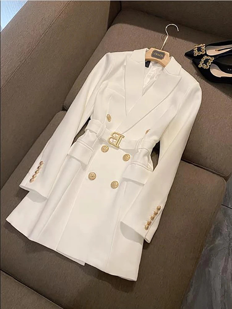 Office Lady Double Breasted Blazer Dress Women Spring Notched Long Sleeve White Black Mini Dresses Vestidos 240715