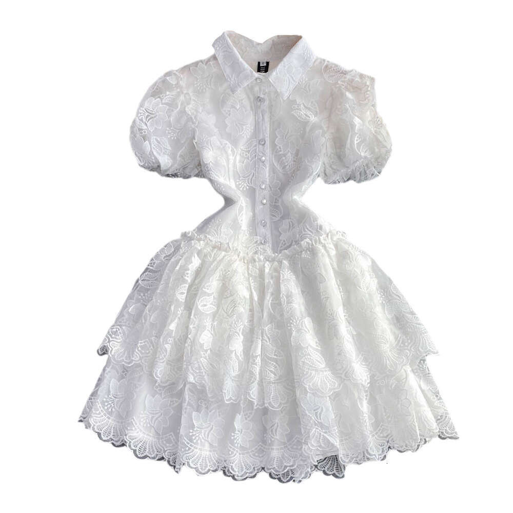 2022 Summer Elegance Super Immortal Polo Collar Single Breasted White Embroidered Bubble Sleeves A-line Cake Dress for Women Round Neck Dress Oversize