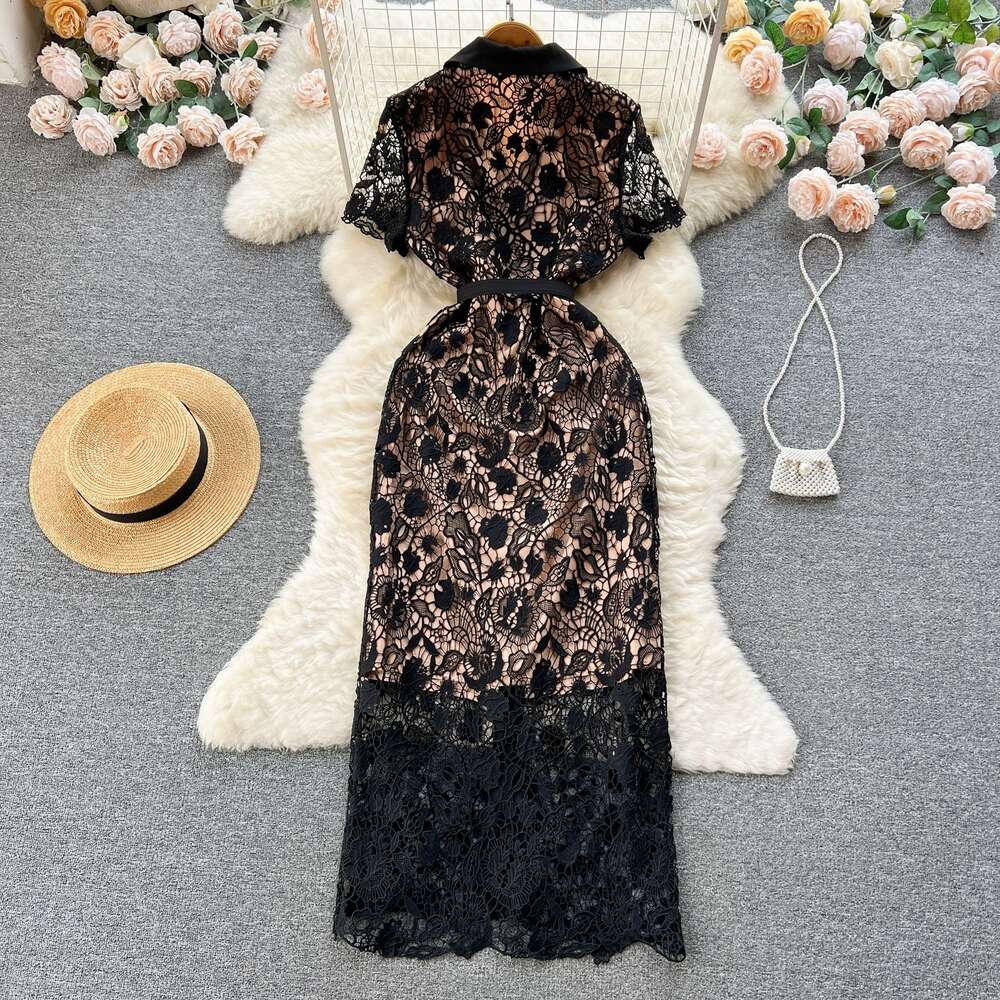 High End Lace Dress, 2024 Spring/summer New Design, V-neck, Slimming Temperament, Socialite Little Black Dress Loose Pregnant Womens Dress Round Neck 