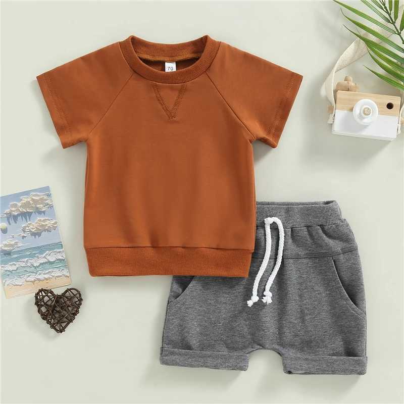 Clothing Sets Fashion Boys Clothing Sets Summer Short Sleeve Cotton Baby Tops + Solid Color Drstring Shorts 2Pcs Casual Outfit Sets