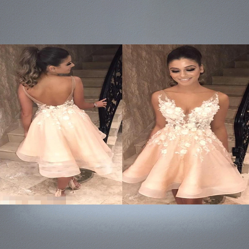 Sexy Backless Champagne Party Dresses V Sheer Neck Straps 3D Floral Applique Cocktail Eevning Dress Homecoming Formal Wear Custom