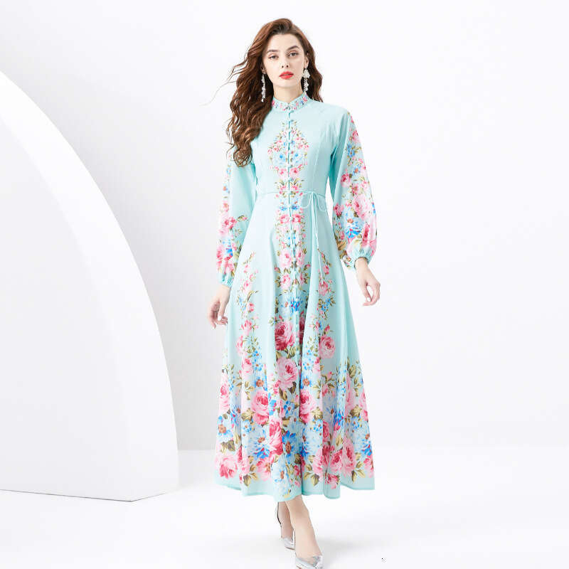 Spring/summer 2024- Vacation Style Stand Up Collar Single Breasted Diagonal Cut Printed Wide Hem Long Dress Loose Self-cultivation Pregnant Womens Dre