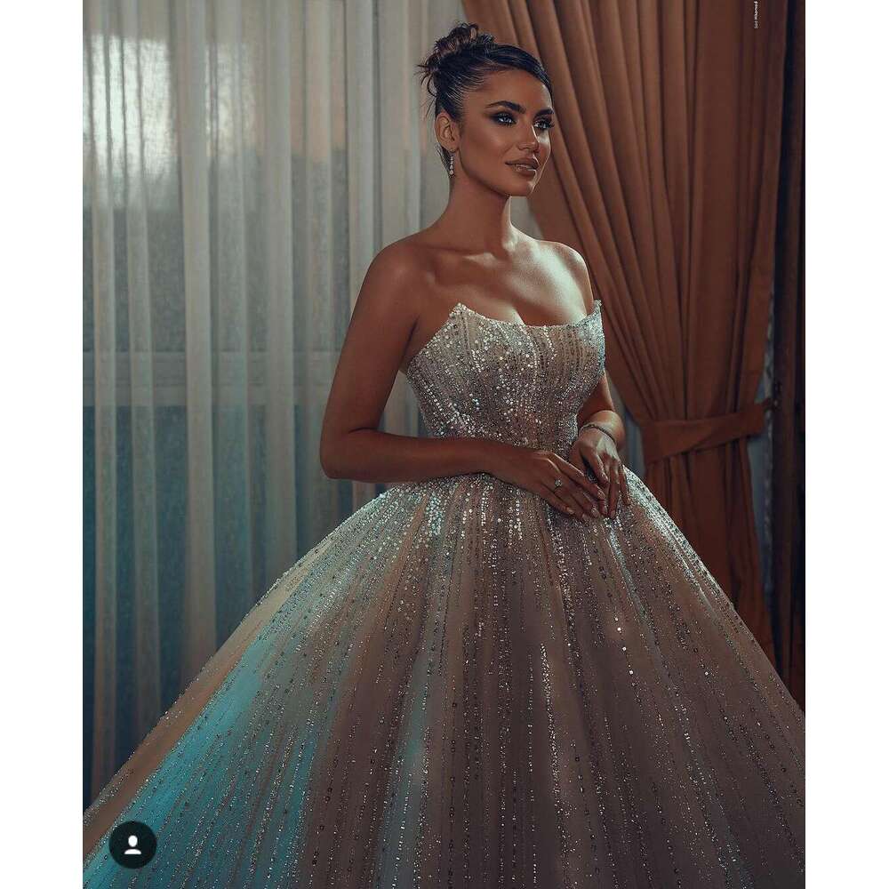 Sequined Strapless Wedding Dress 2021 New Stunning Bridal Gowns Saudi Arabic Plus Size Vestido De Novia 0717