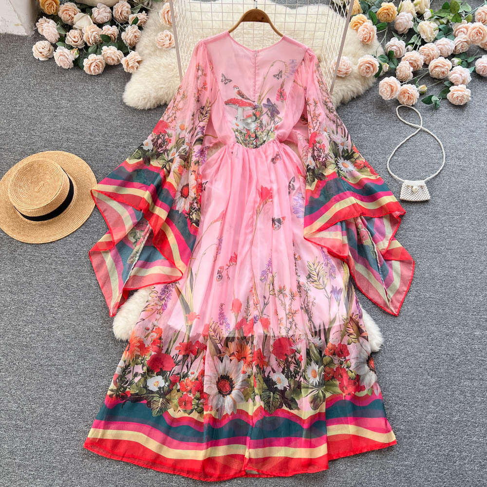 Spring and Autumn Fashion Palace Round Neck Horn Sleeve Lazy Loose Printed Western Style Long Dress Chiffon Floral Dress Sexy Waist Silk Dress