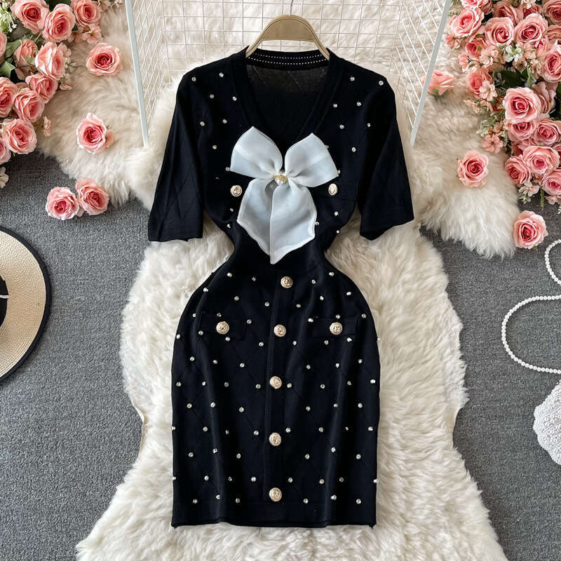 Summer New Small Fragrant V-neck Short Sleeved Single Breasted Bow Tie Heavy Industry Nail Bead Knitted Hip Wrap Dress Novelty Self-cultivation Oversi