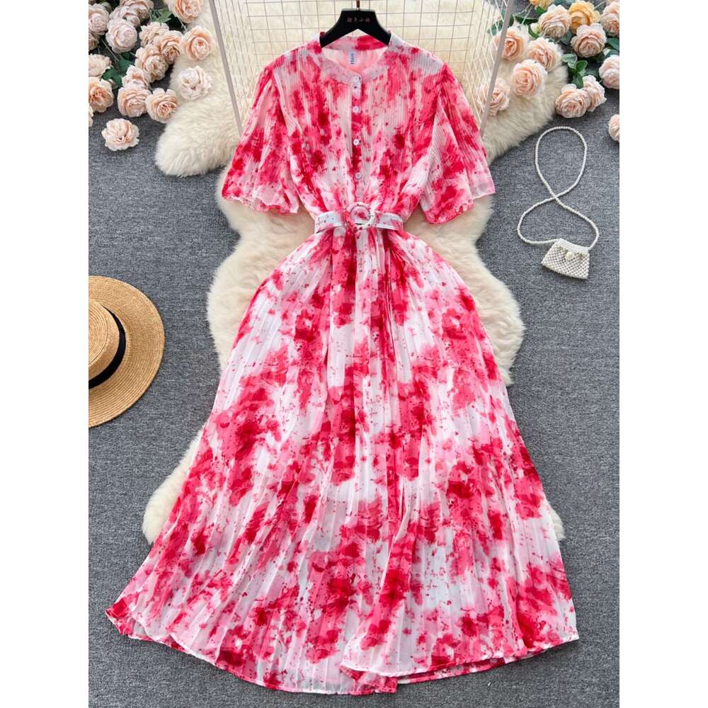 Light Luxury Elegant Round Neck Short Sleeved Halo Dyed Chiffon Dress for Women in Summer, with Slim Waist and A Large Hem Long Skirt Pregnant Womens 
