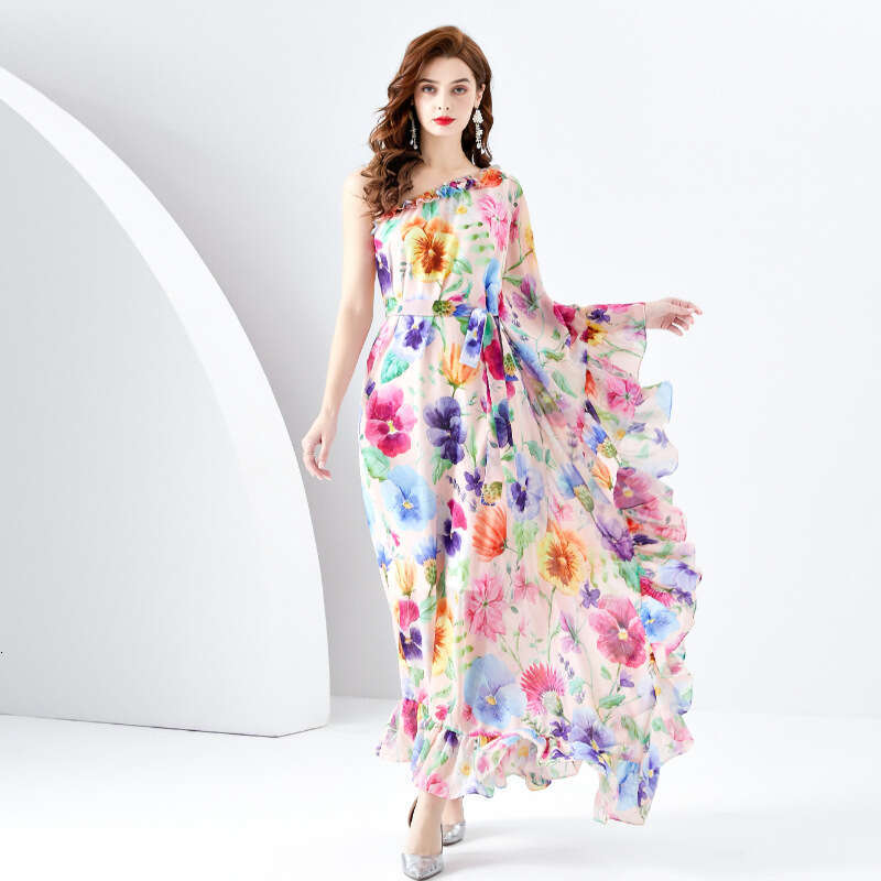 Spring/summer 2024- Vacation Style One Shoulder Wooden Ear Strap Long Wide Swing Printed Dress Bifurcated Sexy Self-cultivation Round Neck Dress Lace 