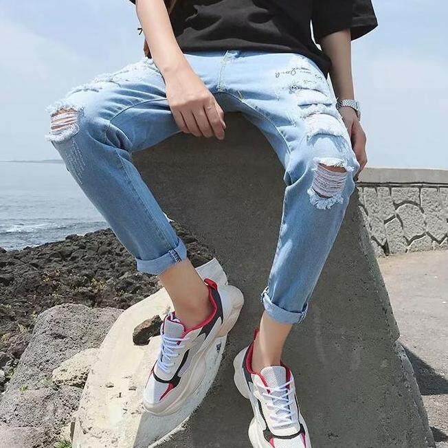 Designer's new men's jeans, Korean slim straight leg pants, classic ripped jeans
