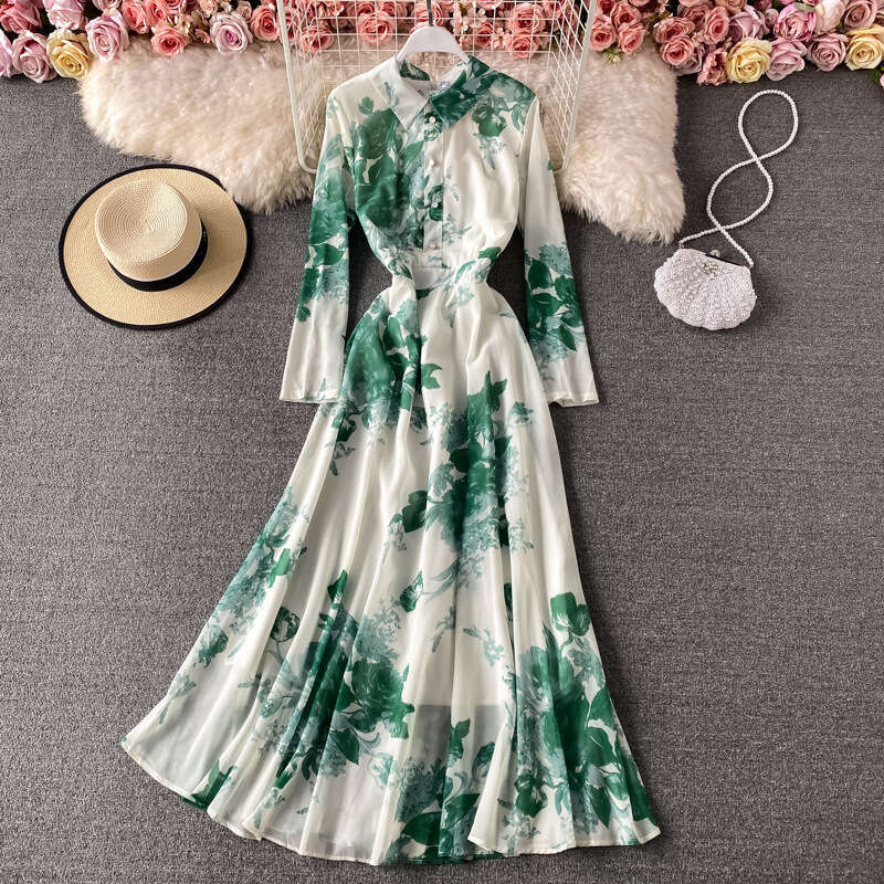 Gentle Style Large Swing Shirt Neck Dress Ink Painted Print Temperament Slim Fit Long Skirt Sexy Dress Loose Bifurcated Sexy SKINNY DRESS High Waist D